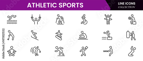 Athletic Sports Icons vector illustration with thin line editable stroke contain medal, football, basketball, cycling, athlete, racket, table tennis, sparing, cardio, gym, weight training, golf 