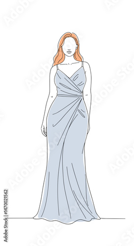 Plus-size woman in a blue evening gown posing elegantly in a minimalist line art illustration
