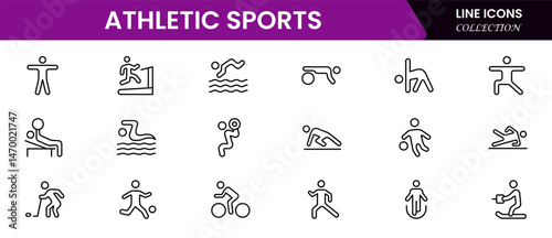 Athletic Sports Icons vector illustration with thin line editable stroke contain medal, football, basketball, cycling, athlete, racket, table tennis, sparing, cardio, gym, weight training, golf 