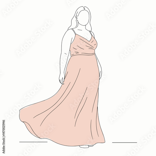 Plus-size model in a pastel dress on a white background in a minimalist illustration
