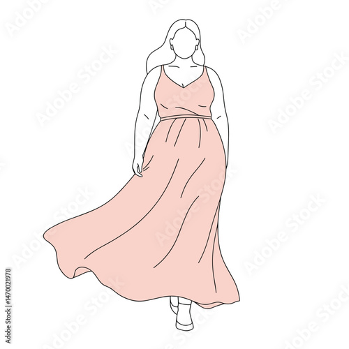 Plus-size model in a pastel dress walking gracefully in a minimalist illustration with a white background
