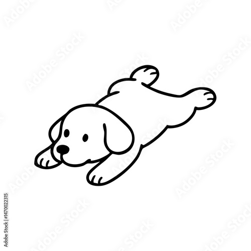 A relaxed dog lying on its back, legs sprawled, tongue hanging out while sleeping peacefully, simple and cute line drawing.