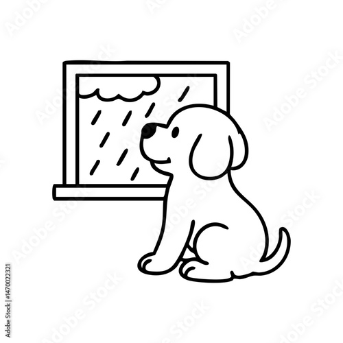 A thoughtful dog with paws on the windowsill, watching raindrops, cozy posture and peaceful vibe, simple black and white.