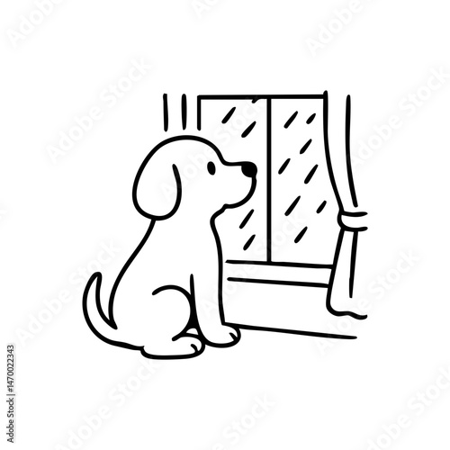 A thoughtful dog with paws on the windowsill, watching raindrops, cozy posture and peaceful vibe, simple black and white.