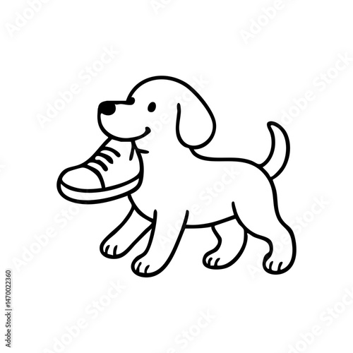 A dog trotting with a shoe in its mouth, tail wagging and eyes full of mischief, outlined in playful, clean lines.