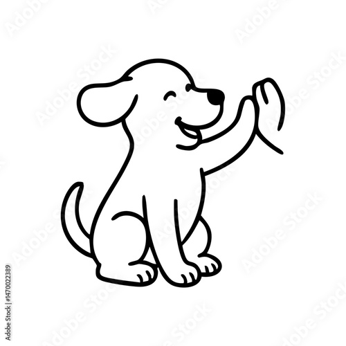 A friendly dog sitting and lifting one paw to give a high five, with a proud and excited expression, minimal sketch style.