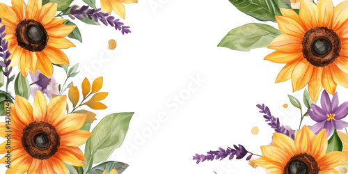 watercolor big sunflower with green leaf border left right banner for web , wedding , invitation ,botanical leaf green leaf border frame top for copy space birthday wedding decorative border PNG
