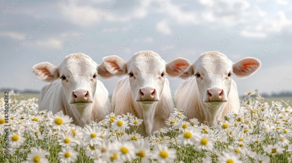 Fototapeta premium Summer field action cows among flowers on a farm capturing rural serenity