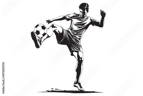 Soccer player kicking ball, abstract isolated vector silhouette, footballer logo, ink drawing, rear view