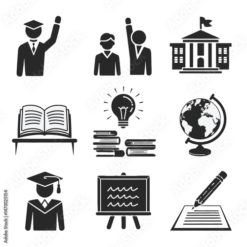 Nine black and white education-related icons are arranged in a grid, featuring symbols such as a graduate, open book, and globe