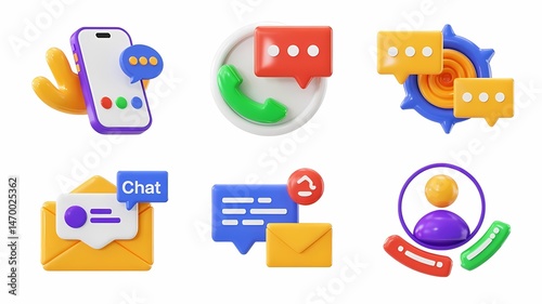 Digital Communication Icon Set: A visually engaging collection of stylized digital communication icons, including a smartphone with a chat bubble, incoming call notification, chat messages, email.
