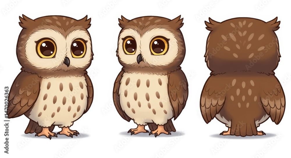 Adorable Cartoon Owl in Three Views - Cute owl illustration, perfect for children's books, educational materials, and whimsical designs. Symbolizing wisdom, knowledge, cuteness, nature, and childhood Adorable Cartoon Owl in Three Views - Cute owl illustration, perfect for children's books, educational materials, and whimsical designs. Symbolizing wisdom, knowledge, cuteness, nature, and childhood