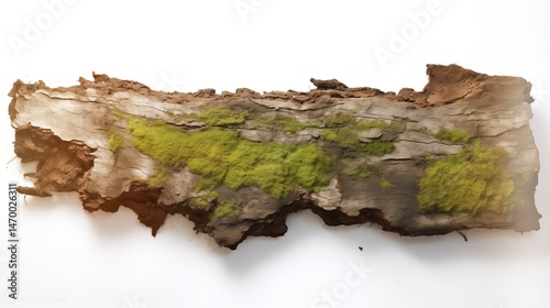 Old log surface, deep cracks and moss details, with white background