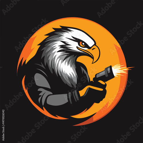 Eagle Agent Firing Gun Mascot Logo Character In Orange Circle On Black Background