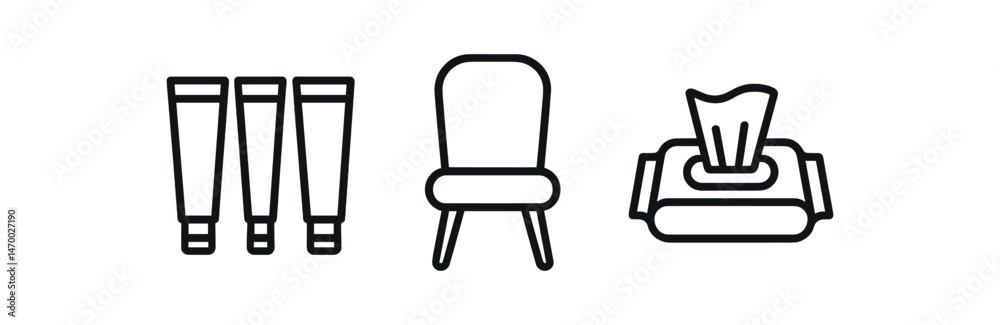 Minimalist icons of toiletry tubes, chair, and tissue box in black and white