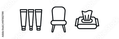 Minimalist icons of toiletry tubes, chair, and tissue box in black and white