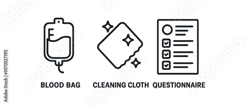 Minimalistic icons of blood bag, cleaning cloth, and questionnaire