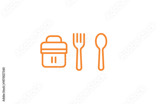 Orange line art lunchbox fork spoon - minimalist kitchen symbols on white background
