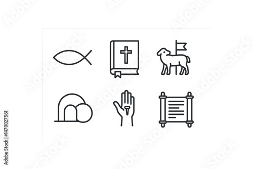 Christian symbols collection: ichthys, bible, lamb, tomb, praying hand, scroll