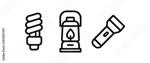 Icons of cfl bulb, kerosene lantern, and flashlight in black and white