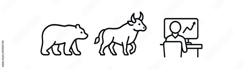 Bear and bull market icons with analyst at computer Bear and bull market icons with analyst at computer