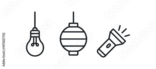 Minimalist icons of light: bulb, lantern, and flashlight designs