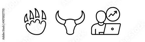 Bear claw, bull head, person analyzing trends icons
