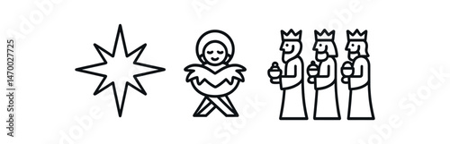Nativity icons: star, baby jesus, and three wise men in minimalist line art