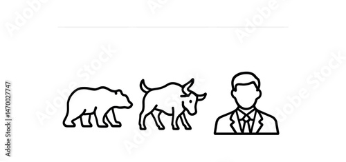 Bull and bear market icons with businessman outline illustration