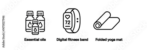 Essential oils, digital fitness band, folded yoga mat - wellness and fitness icons