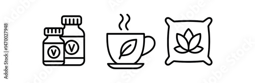 Vitamins supplements, herbal tea, and natural pillow icons in black and white