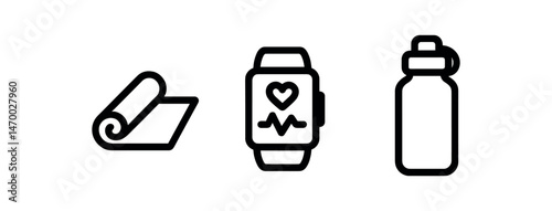Fitness icons: yoga mat, smartwatch with heartbeat, water bottle
