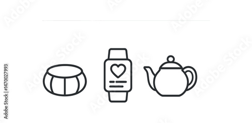 Minimalistic line art of bracelet, smartwatch with heart, and teapot icons