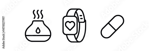 Minimalist icons of aromatherapy diffuser, smartwatch, and pill