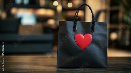 A 4K photo of 4K photo of black gift bag with two handles and a red heart in the center, making it a symbol of love and attention.