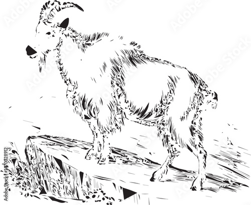 Vintage Engraving Woodcut Goat Standing Retro Vector Art Illustration Design.

