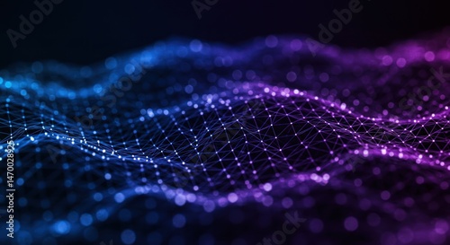 Abstract network of connected dots with blue and purple gradient on dark background.