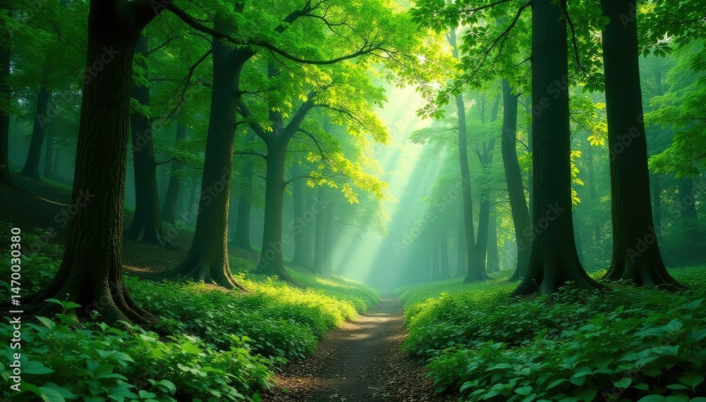 Obraz premium Emerald green forest, dense canopy overhead, sunlight dappled , trees, green