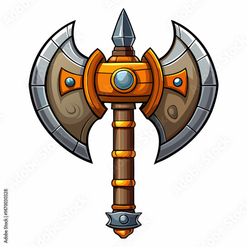 A powerful medieval battle axe with twin blades and wooden handle, vector on white background