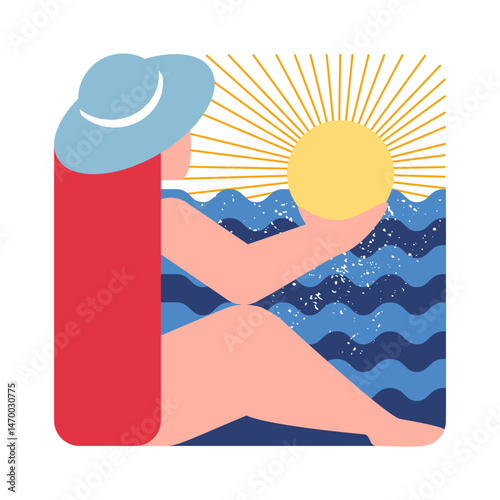 Summer. Woman is sunbathing by the sea. Travel. Flat geometric simple cartoon vector illustration.