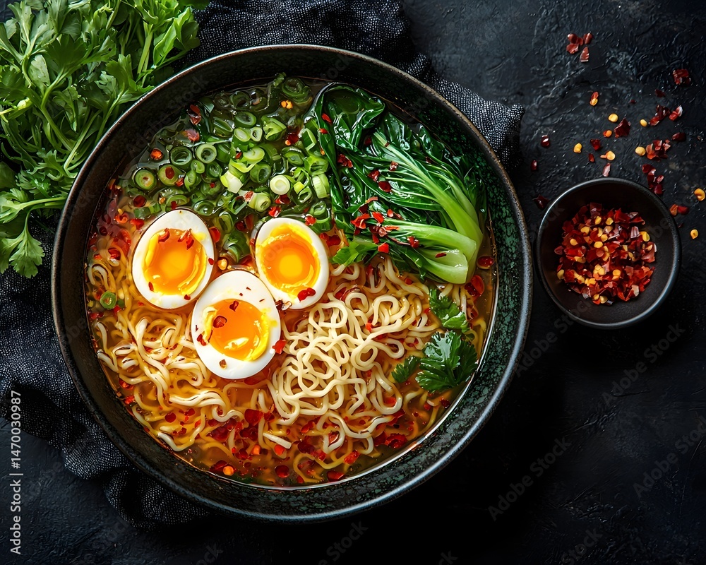 Vibrant Ramen Soup with Soft Boiled Eggs and Chili Oil