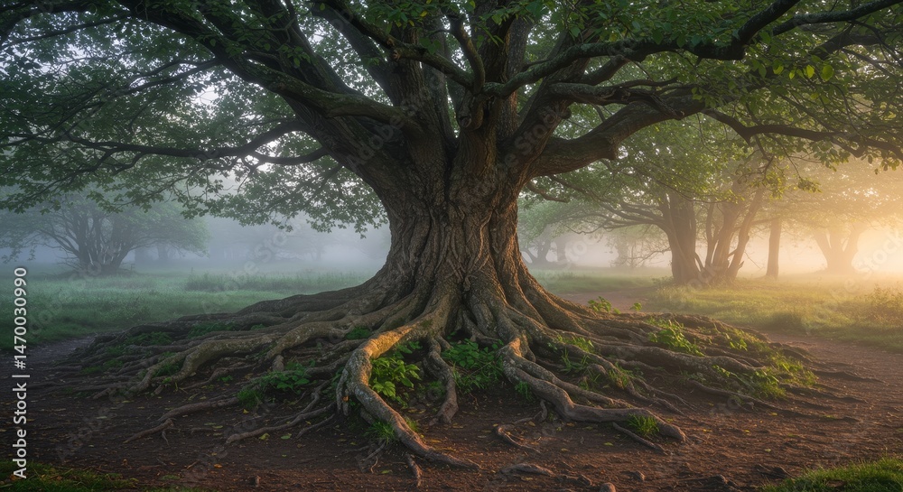 Fototapeta premium Ancient Tree in Misty Forest - Majestic ancient tree with exposed roots in a misty forest at sunrise. Tranquil and serene nature scene