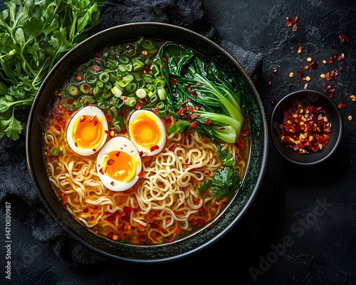 Obraz na płótnie Vibrant Ramen Soup with Soft Boiled Eggs and Chili Oil w salonie