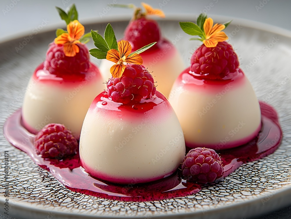 Decadent Pistachio Mousse with Vibrant Raspberry Coulis and Edible Flowers