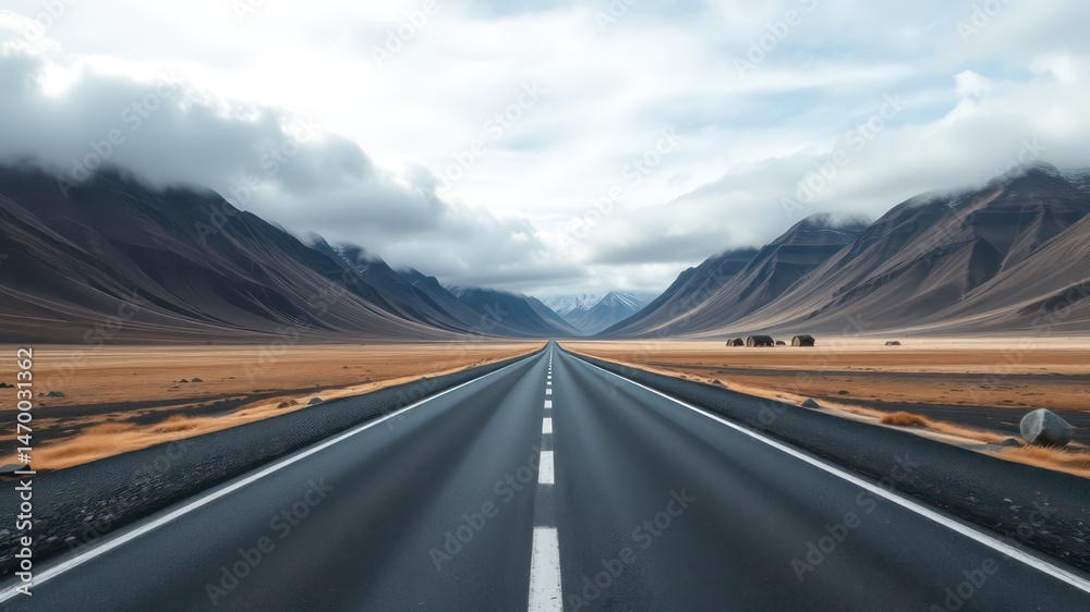 Naklejka premium Asphalt ribbon unwinding through a desolate, mountainous landscape under a dramatic sky