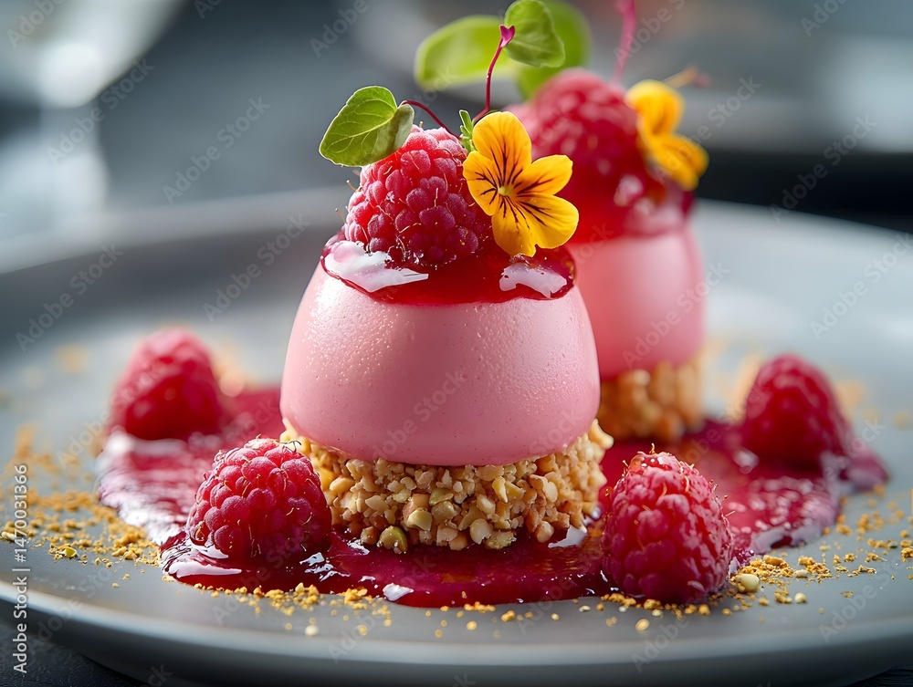 Modern dessert with pistachio mousse and vibrant raspberry coulis
