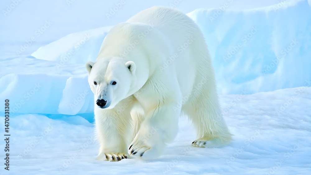 Polar Bear Roaming on a Glacial Ice Sheet in the Arctic Wilderness Polar Bear Roaming on a Glacial Ice Sheet in the Arctic Wilderness