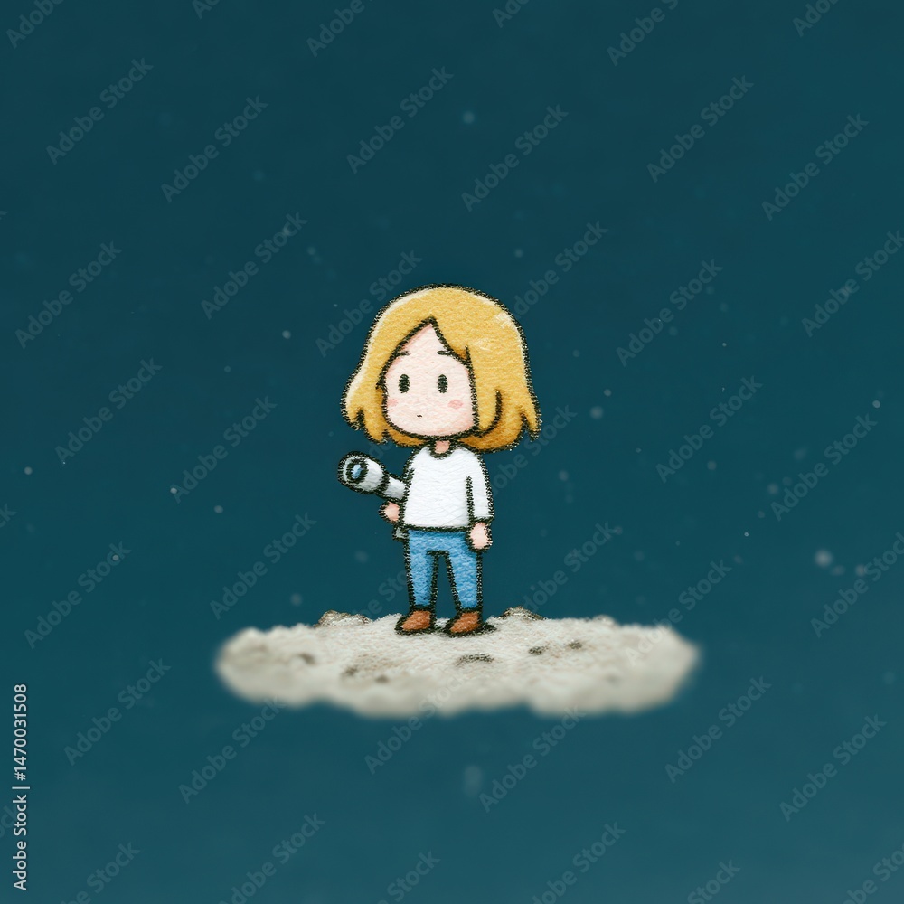 Fototapeta premium Chibi girl stargazing on a hill with telescope