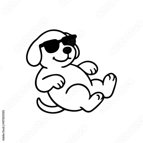 A cool dog laying down with sunglasses, front paws crossed and a relaxed smile, clean black line drawing with minimal details.