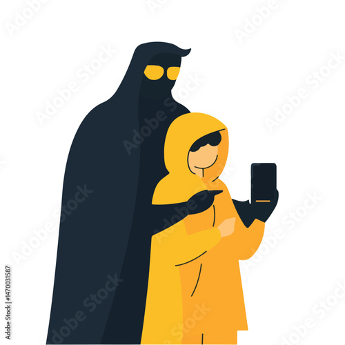 Cartoon Hacker Stealing Data From Mobile Phone Of A Person In Yellow Raincoat
